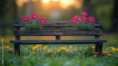 A wooden bench holds flowering plants in a sunlit garden