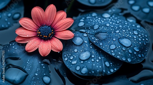 A beautiful coral flower rests on wet blue leaves gracefully