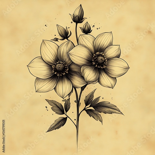 Detailed ink drawing of two flowering plants with buds and leaves