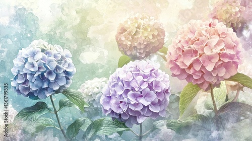 Wallpaper Mural Watercolor painting of hydrangeas in soft pastel hues of pink, purple, and blue, with green foliage. Art showcases gentle tones. Torontodigital.ca
