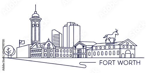 Fort Worth skyline, incorporating the Sundance Square and the Stockyards in a sleek, continuous-line style.
