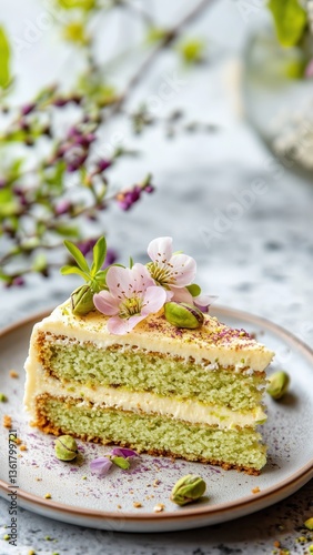 Side view of a perfect piece of delicious pistachio cake dessert on a plate decorated with pink tender flowers on clear blurred background