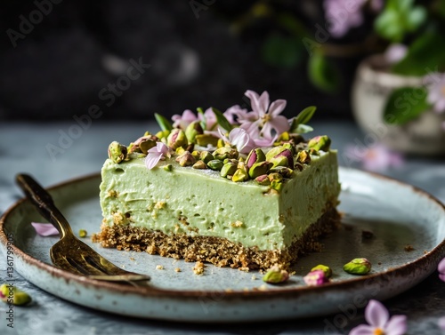 Side view of a perfect piece of delicious pistachio cake dessert on a plate decorated with pink tender flowers on dark blurred background