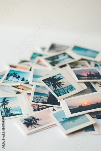 Pile of tropical beach polaroid photos with palm trees, sunsets and ocean views scattered on white surface