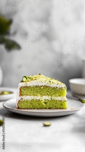 Side view of a perfect piece of delicious pistachio cake dessert on a plate on blured clear grey background