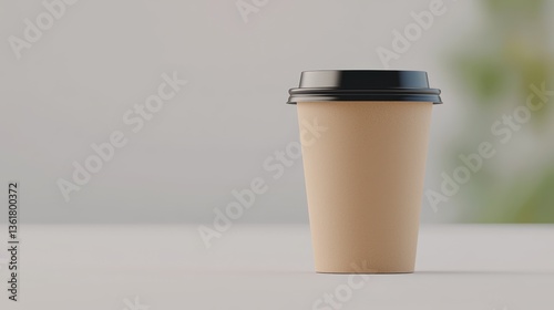 A simple, brown disposable coffee cup sits on a table, with a black lid, against a softly blurred background, Eco-Friendly Packaging  cup.