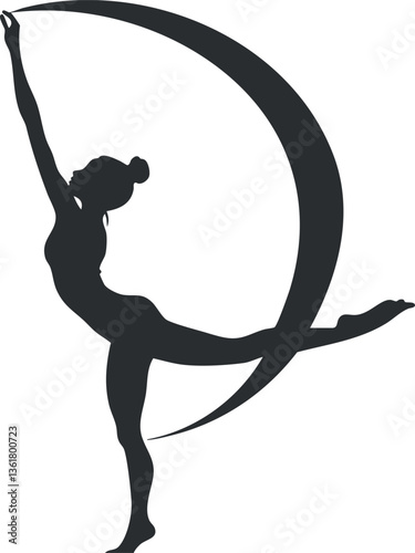 Silhouette of a gymnast posing on a crescent moon, ideal for artistic designs.