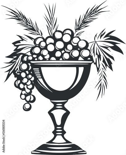 Chalice with grapes and wheat vector illustration for religious and spiritual themes.