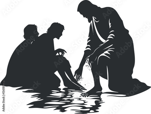 Silhouette illustration of biblical foot washing scene for religious or spiritual themes.