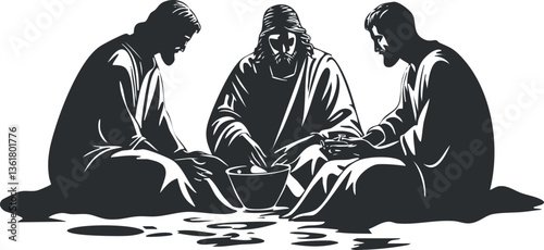Monochrome vector illustration of Jesus and disciples at the Last Supper, ideal for religious themes.