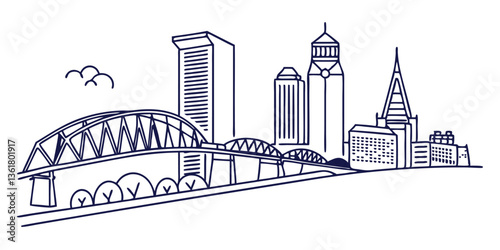 Jacksonville vector silhouette skyline capturing the city’s waterfront skyline, iconic bridges, and urban landmarks.