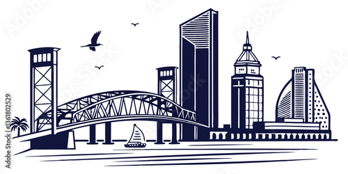 Jacksonville vector silhouette skyline capturing the city’s waterfront skyline, iconic bridges, and urban landmarks.