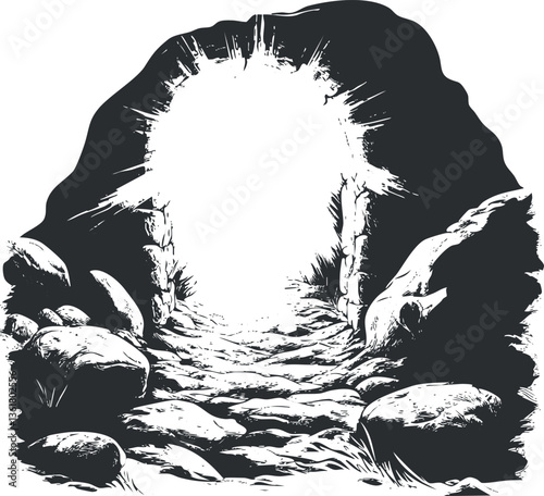 Black and white vector illustration of a rocky cave entrance for adventure themes.