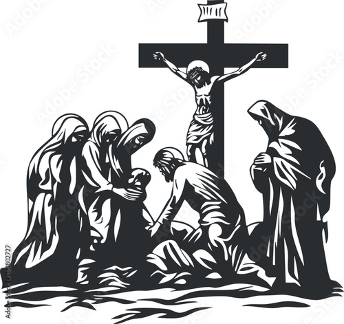 Black and white illustration of the crucifixion, depicting mourning figures for religious themes.