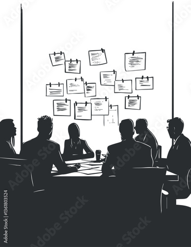 Silhouettes of professionals in a meeting discussing strategy and planning in an office.