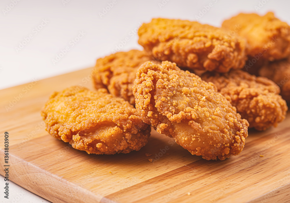 Golden fried chicken Close-up shot of crispy golden fried chicken bites placed neatly on a wooden serving board Golden fried chicken Close-up shot of crispy golden fried chicken bites placed neatly on a wooden serving board