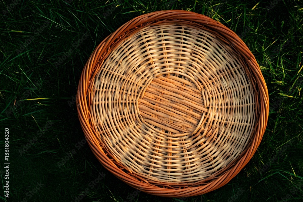 Fototapeta premium Round Wicker Basket on Green Grass Summer Picnic