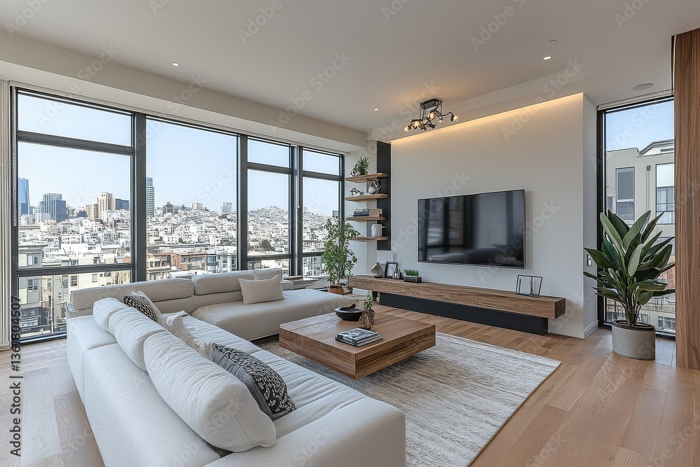 Fototapeta premium Modern apartment living room with large windows overlooking San Francisco, light gray sofa, wood flooring, TV, wooden console, and mid-century chandelier.