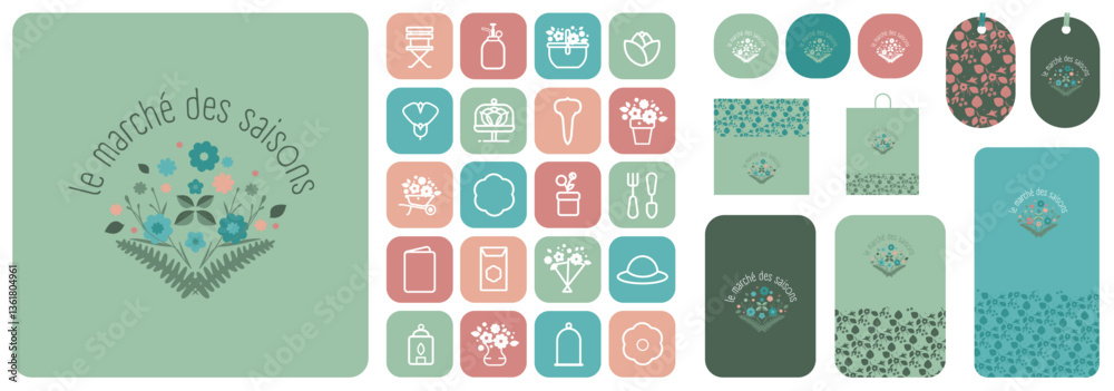 Charte graphique pour boutique de fleurs et fleuriste, créateur floral, herboriste, floriculteur ou floraliste. Modèles vectoriels modifiables et ajustables pour une personnalisation complète