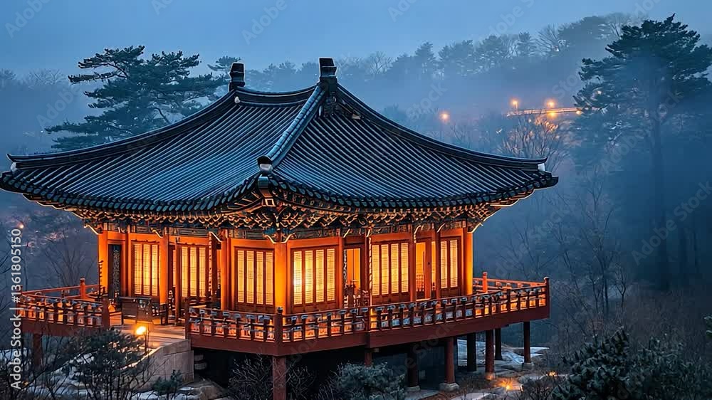 Serene Traditional Pavilion Illuminated at Dusk with Misty Forest Background Serene Traditional Pavilion Illuminated at Dusk with Misty Forest Background