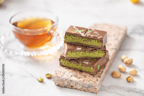 Dubai chocolate  with green kataifi and pistachio paste. Trend dessert