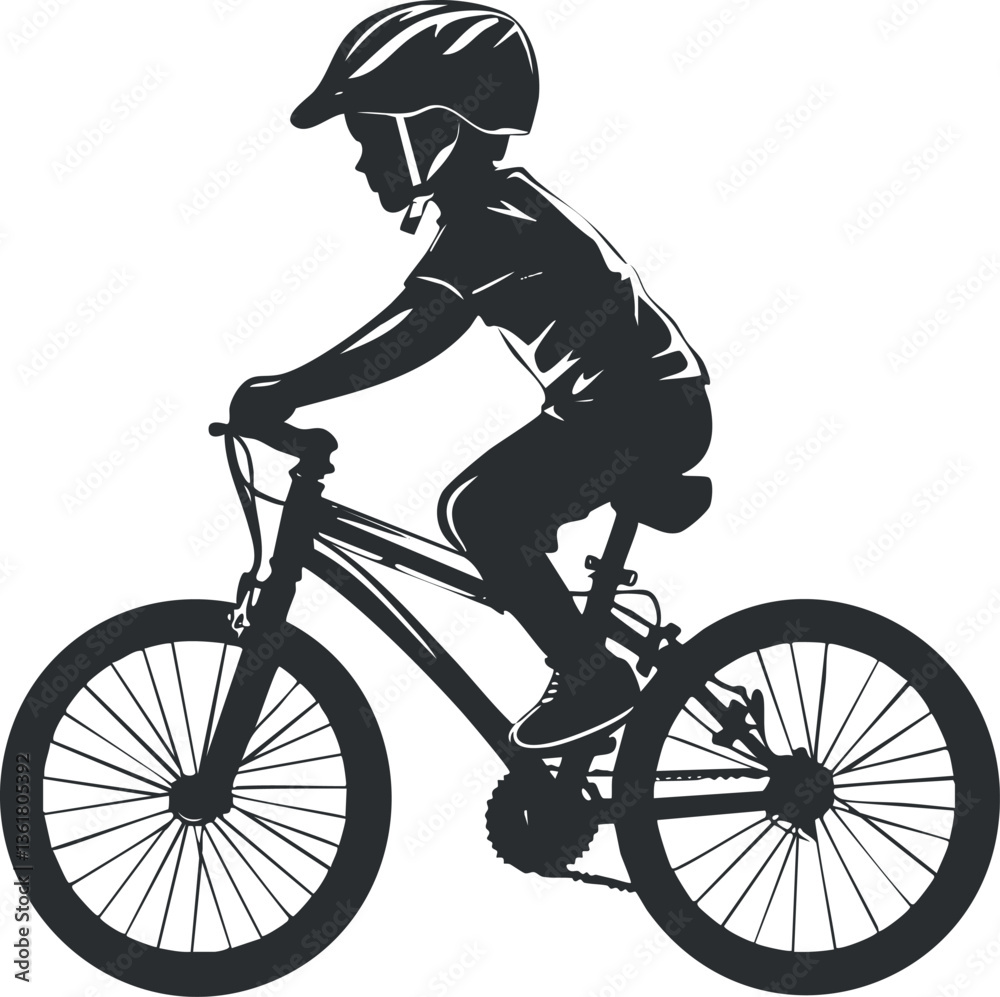 Naklejka premium Silhouette of a child riding a bicycle with a helmet, ideal for sport themes.