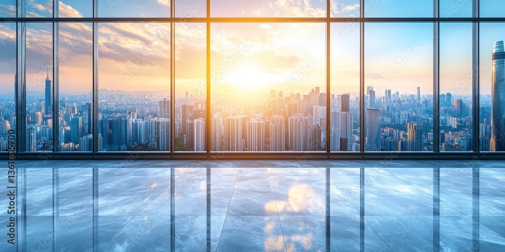 Fototapeta premium Vibrant Cityscape Sunrise Modern Office Interior with Panoramic Windows and Stunning City Views