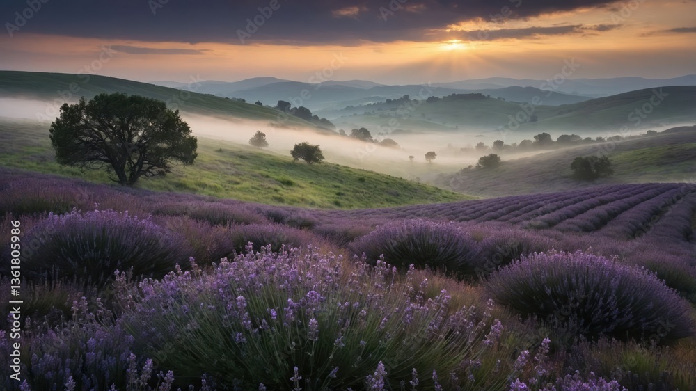 Obraz premium Serene lavender fields under a misty sunrise, showcasing nature's beauty and tranquility.