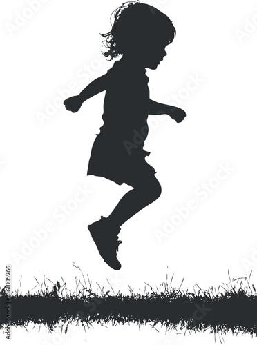 Silhouette of a girl jumping over grass, perfect for playful and energetic designs.