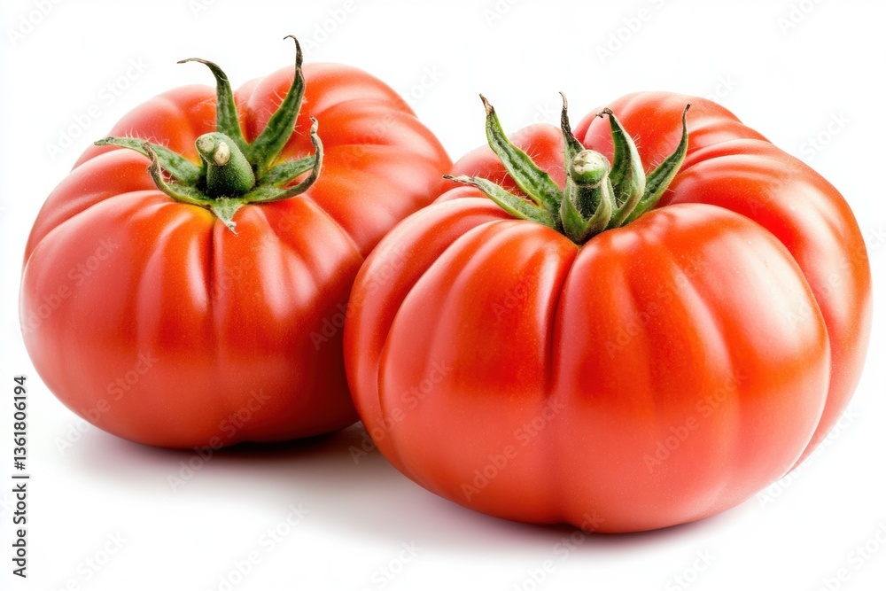 Fresh red tomatoes with green stems on a white background Fresh red tomatoes with green stems on a white background