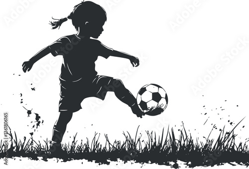 Silhouette of a child kicking a soccer ball on grass, ideal for sports themes.