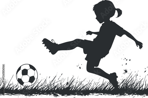 Silhouette of a child kicking a soccer ball on grass, ideal for sports themes.
