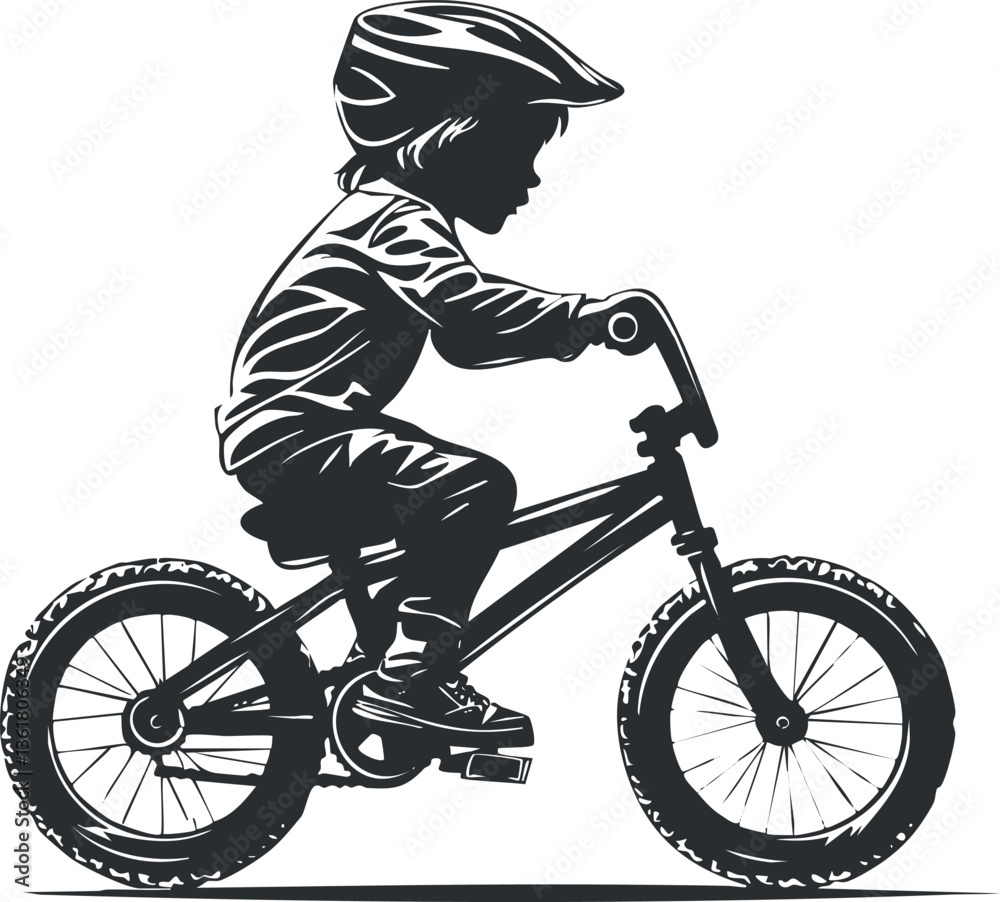 Naklejka premium Silhouette of a child riding a bicycle with helmet, ideal for safety themes.