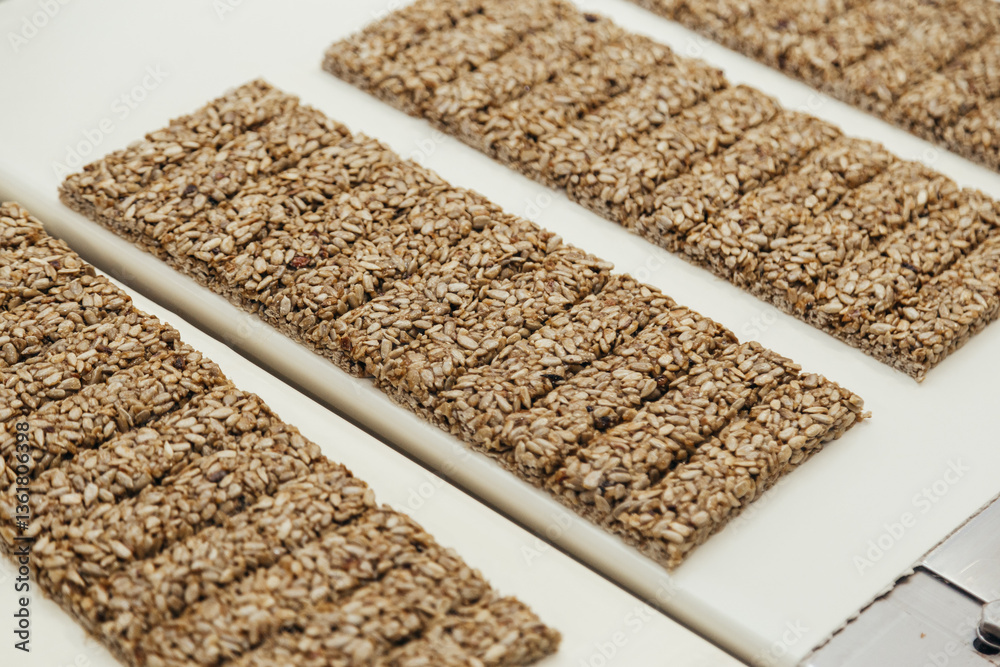 Gozinaki made from sunflower seeds with sugar syrup transferring by conveyor at sweet industry