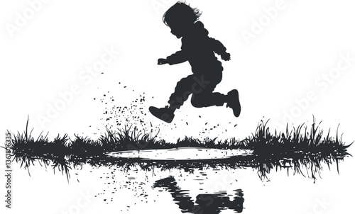 Silhouette of a child joyfully jumping over a puddle with grass and reflection.