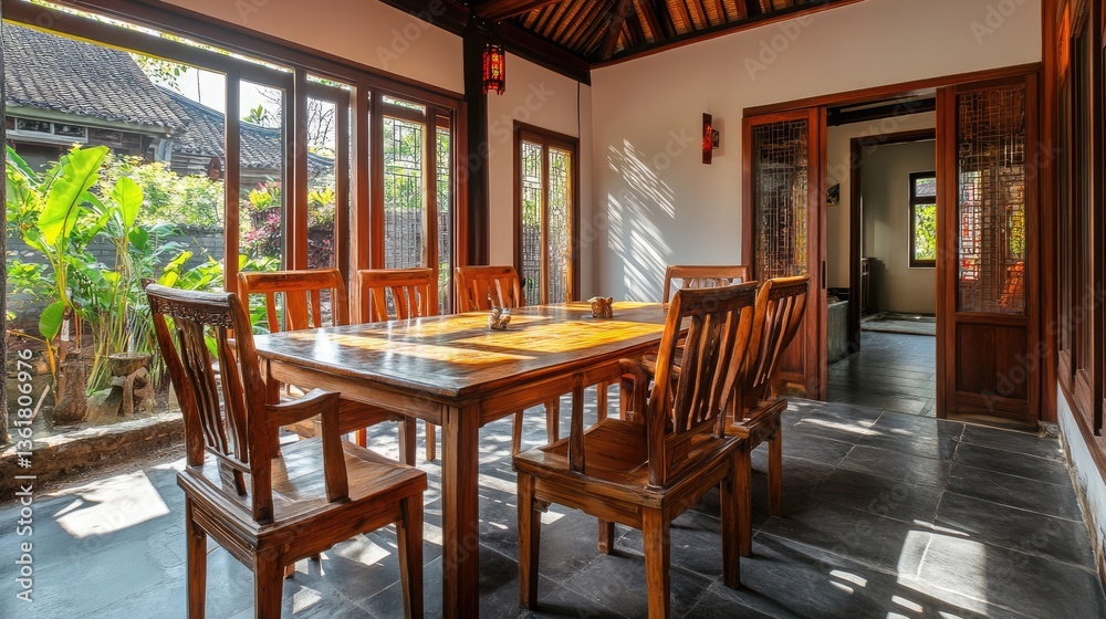 Obraz premium A Ming-style wooden dining table with matching chairs in a well-lit space