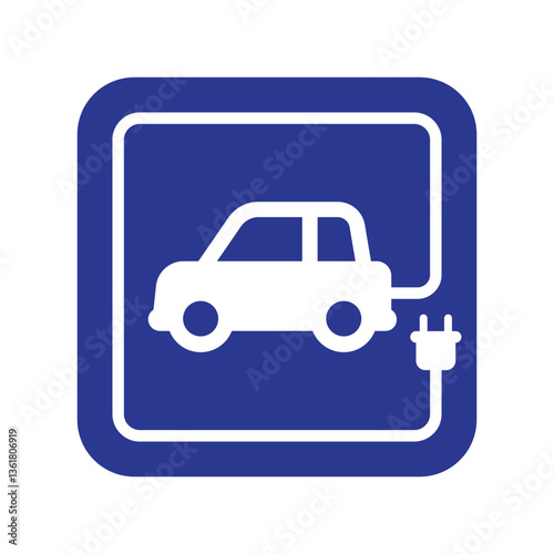 Electric car with plug icon, EV car hybrid vehicles charging point square sign, Eco friendly vehicle concept, Vector illustration