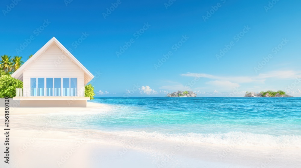 Fototapeta premium Coastal Dream Home: A picturesque beach house, with a clean, minimalist design, enjoys a prime location by the serene ocean. The crystal clear water reflects the azure sky above.