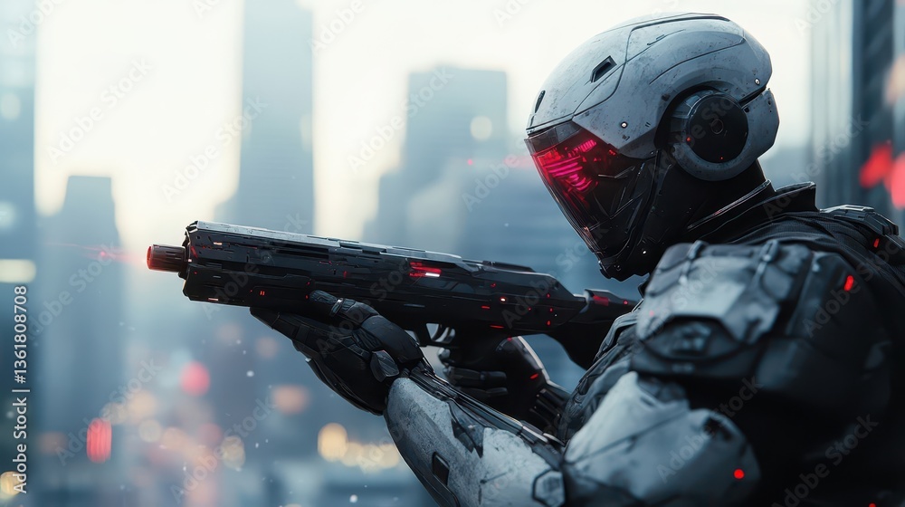 Fototapeta premium A futuristic soldier aiming a weapon in a city environment