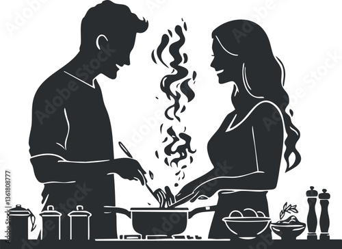Silhouette of a couple cooking together in a kitchen, perfect for romantic themes.