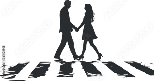 Silhouette of a couple holding hands on a crosswalk for romantic themes.