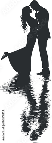 Silhouette of a romantic couple kissing with reflection in water, ideal for love themes.