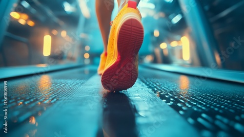 Vibrant sneakers stride a treadmill path, droplets catching the light, emphasizing dynamic movement and modern spirited energy.