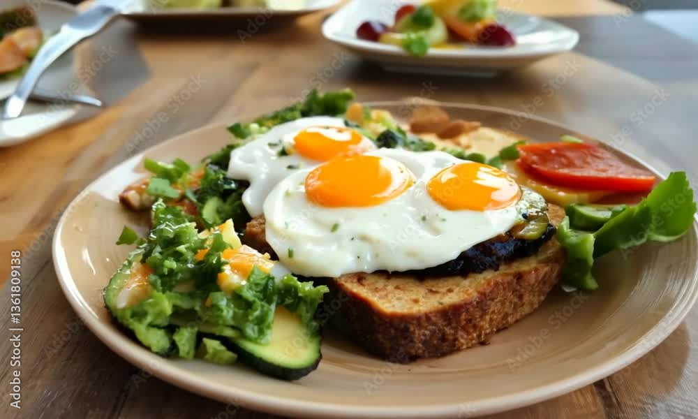 Fresh avocado toast with smoked salmon and poached eggs with grilled vegetables on plate on wooden table in city cafe. Healthy food and lifestyle. Fresh avocado toast with smoked salmon and poached eggs with grilled vegetables on plate on wooden table in city cafe. Healthy food and lifestyle.