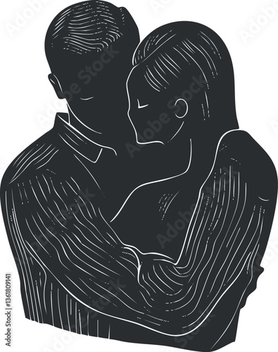 Romantic couple embracing in a stylized black and white vector illustration.