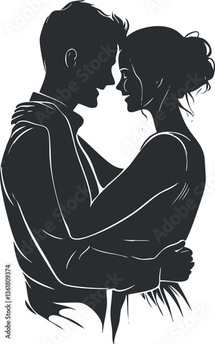 Silhouette of a romantic couple embracing, ideal for love-themed designs.