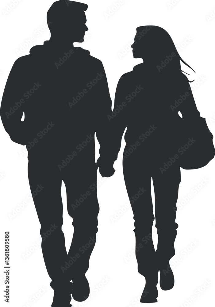 Silhouette of a couple walking hand in hand, ideal for romantic themes or design. Silhouette of a couple walking hand in hand, ideal for romantic themes or design.