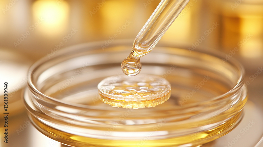 A close-up of a dropper releasing liquid onto a circular object in a petri dish, showcasing a vibrant golden hue against a blurred background. A close-up of a dropper releasing liquid onto a circular object in a petri dish, showcasing a vibrant golden hue against a blurred background.