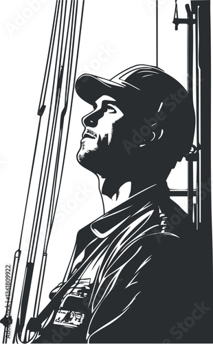 Monochrome vector illustration of a sailor looking contemplatively, ideal for nautical themes.