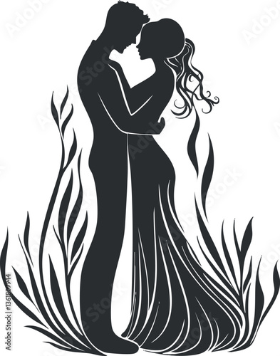 Elegant silhouette of a romantic couple embracing, ideal for wedding or love-themed designs.